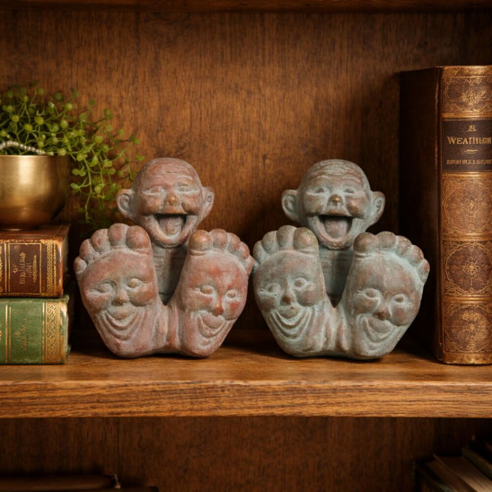 Vintage Whimsical Three-Face Feet Figurines Folk Art Patina Pair
